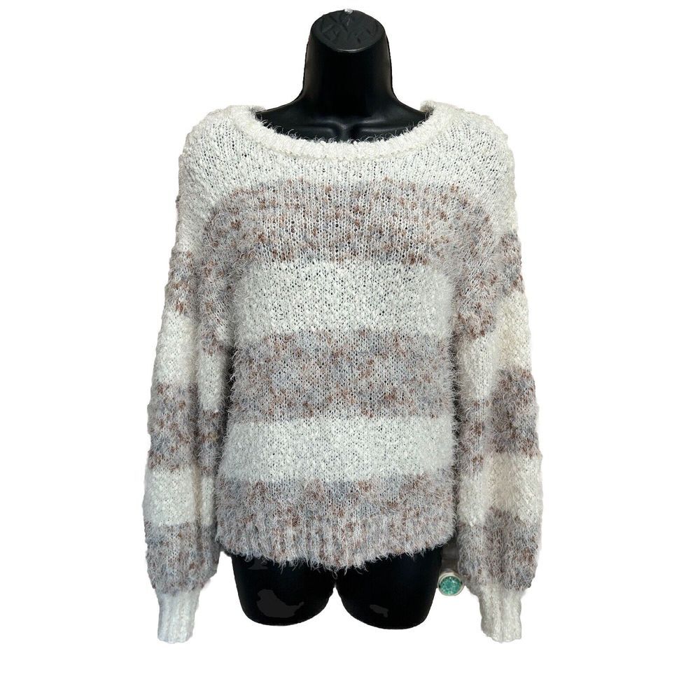 Maurices Open Knit Soft Fuzzy Long Sleeve Sweater Size XS Ivory/Brown/Gray